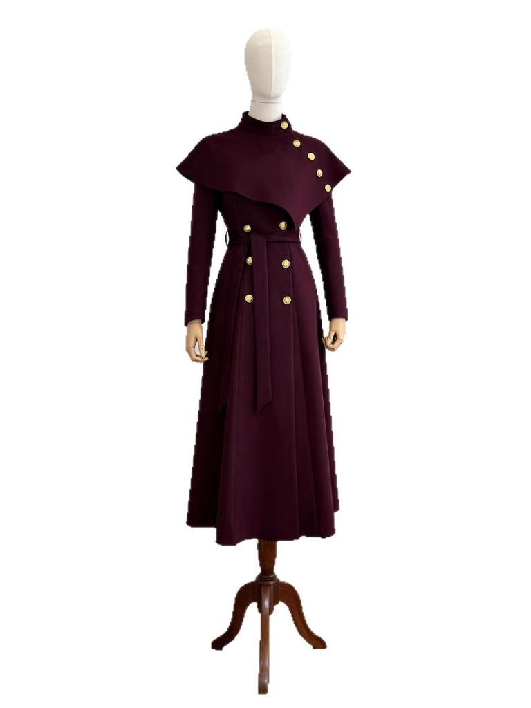 Elegant Two-Piece Shawl Cape & Coat with Belt and Buttons - Fashionable Dress Style
