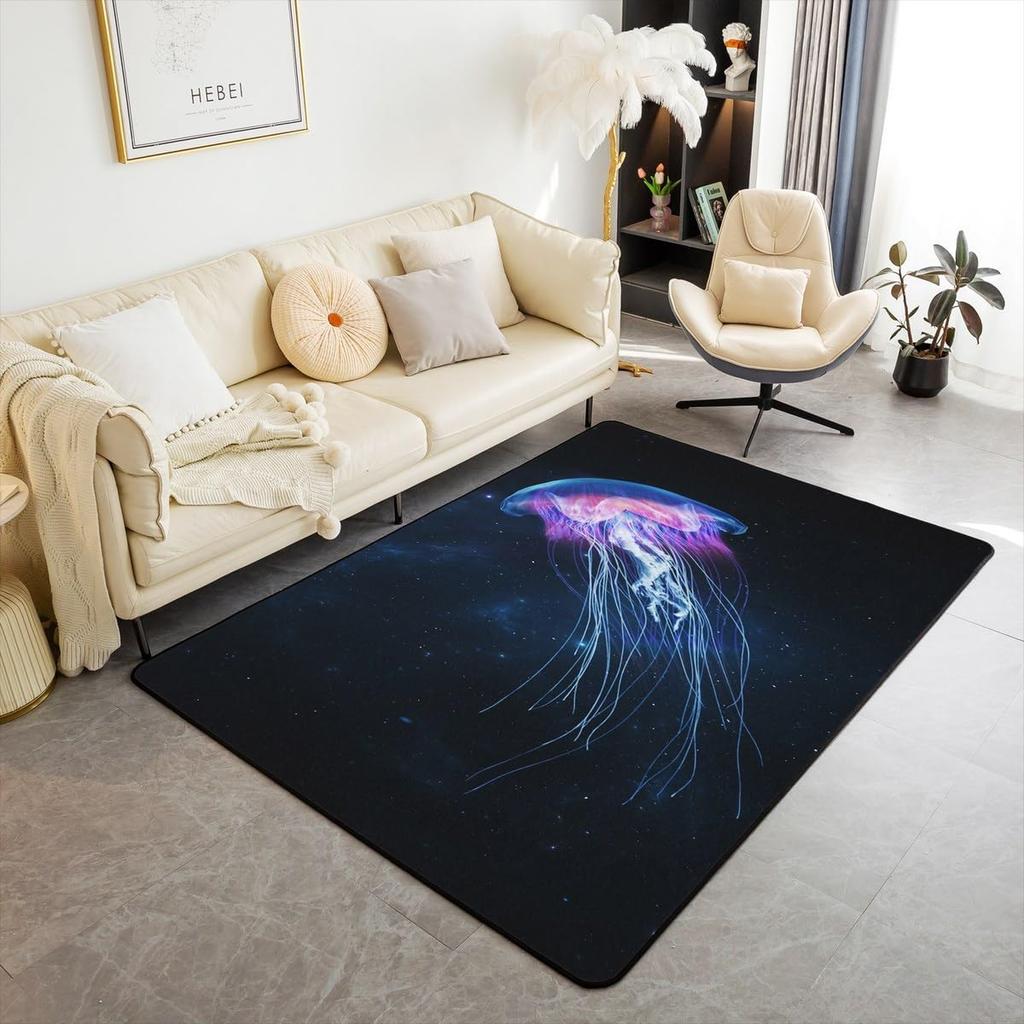 Jellyfish Marine Life Area Rug Dreamy Ocean Animal Non Slip Carpet for Kids Adults Fantasy Moon Clouds Starry Sky Decorative Rug