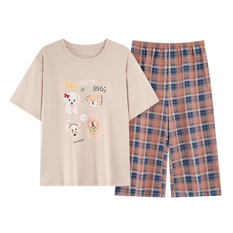 Women's Pure Cotton Pajama Set with Built-in Bra, Short Sleeve Top & 7/8 Pants - Sweet Summer Homewear.