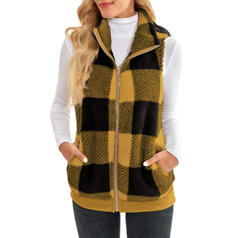 Women's Stand Collar Sleeveless Plaid Fleece Vest Loose Fit Casual Zip Up Gilet Outerwear