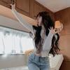Autumn Korean Sweet Patchwork Solid Color O-neck Long Sleeve Cardigan Ladies Fashion Sexy Buttons Hollow Out Knitting Top Tee