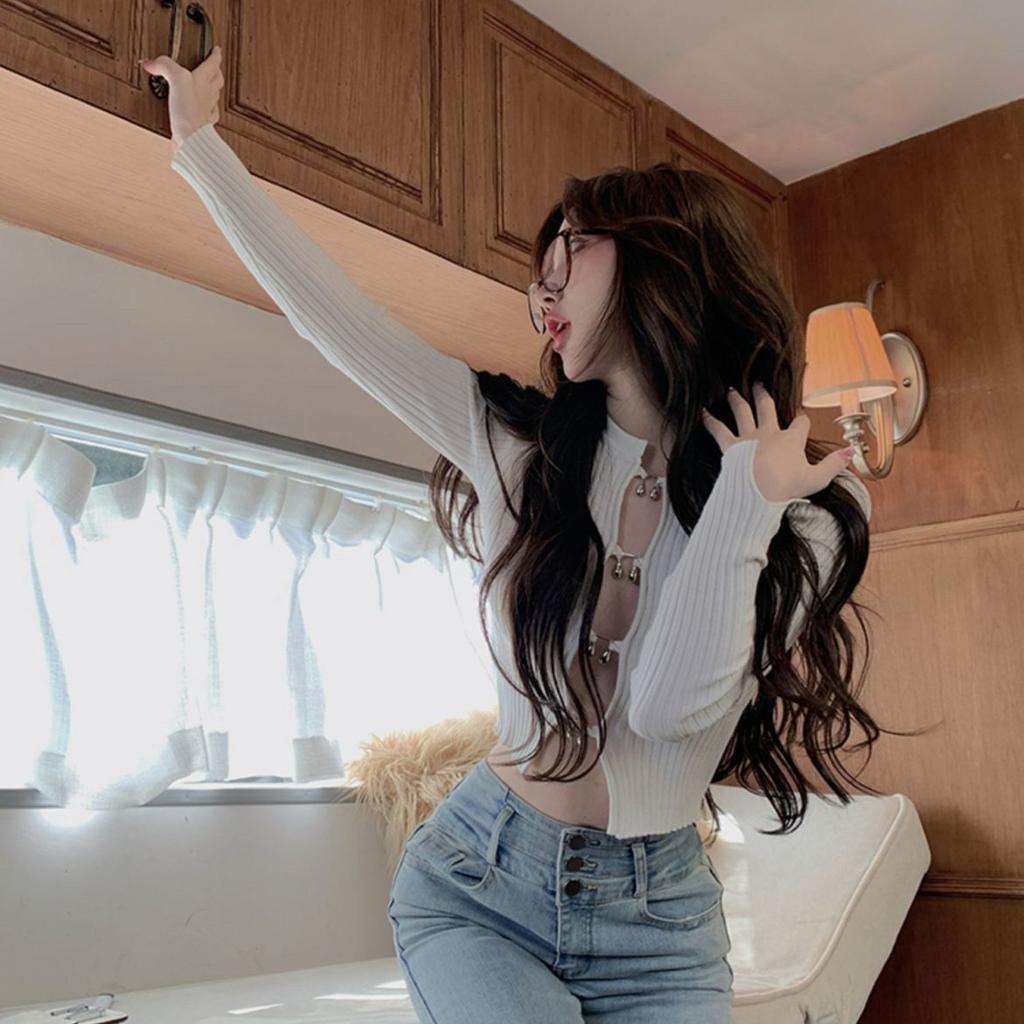 Autumn Korean Sweet Patchwork Solid Color O-neck Long Sleeve Cardigan Ladies Fashion Sexy Buttons Hollow Out Knitting Top Tee