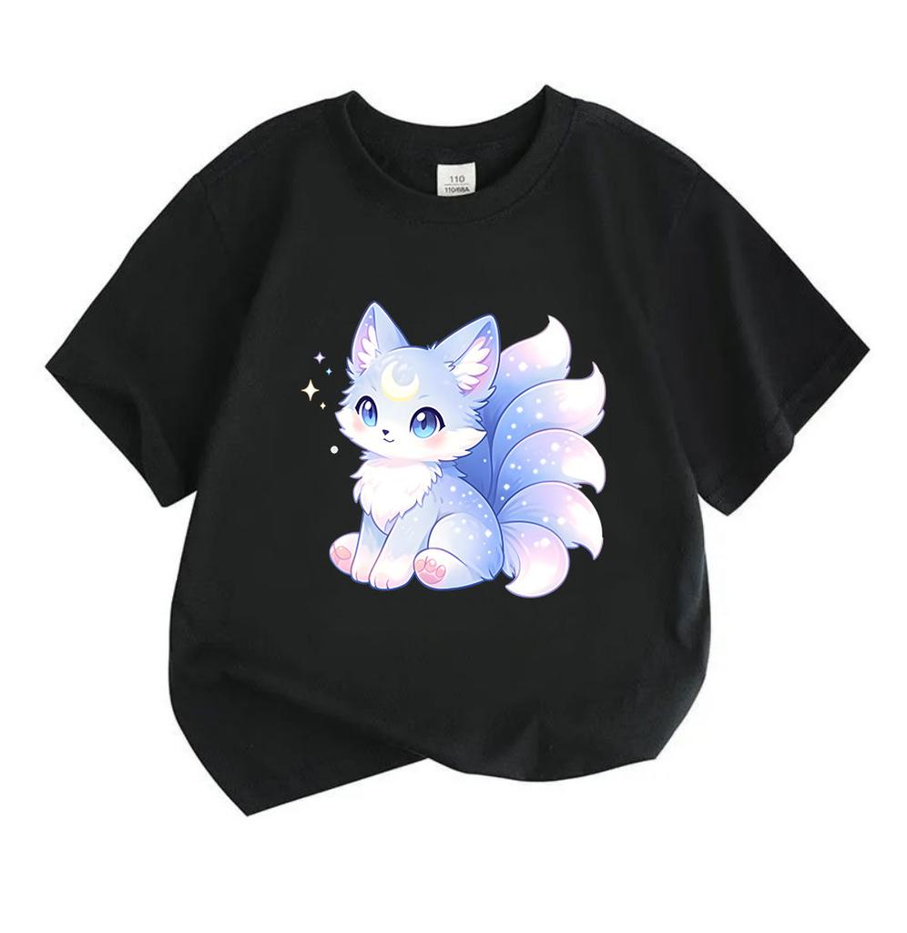 Kids Boys Girls 100% Cotton Crew Neck Short Sleeve T-Shirt, Cute Glowing Crescent Moon Star Fox Print Soft Casual Tee for Children Daily Wear