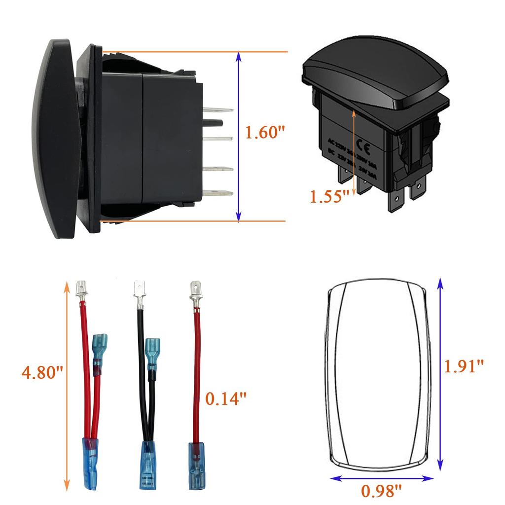Blue Led 4X4 2X4 Rocker Switch with Jumper Wires 5P On Off SPST Toggle Switch for Car Truck RZR UTV ATV Off Road Vehicle 12V/20A 24V/10A