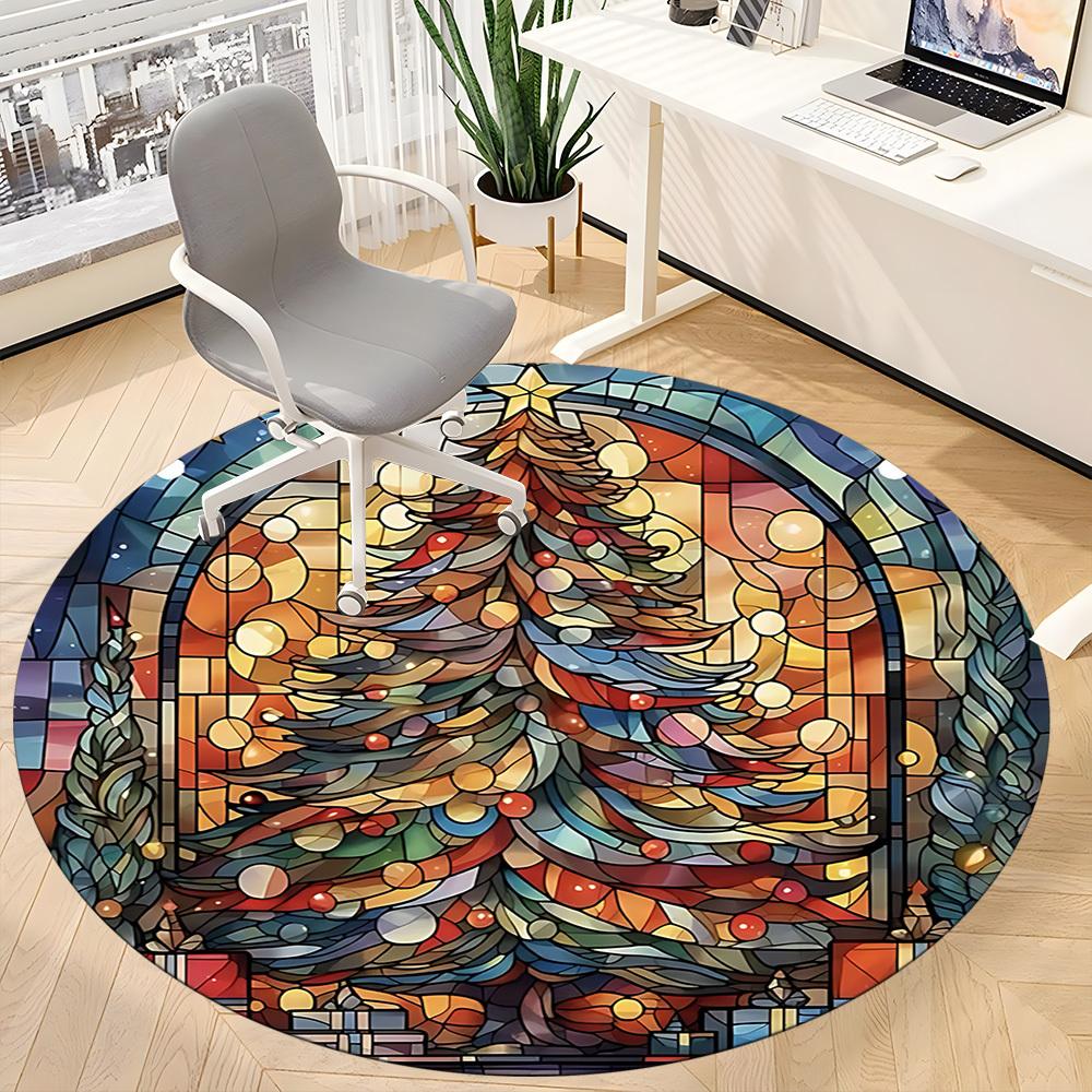 1 Stück Weihnachts-Buntglas-Büro-Runder Teppich, Unter Bürostühlen Schlafzimmer Wohnzimmer Heimdekoration, Zimmerdeko
