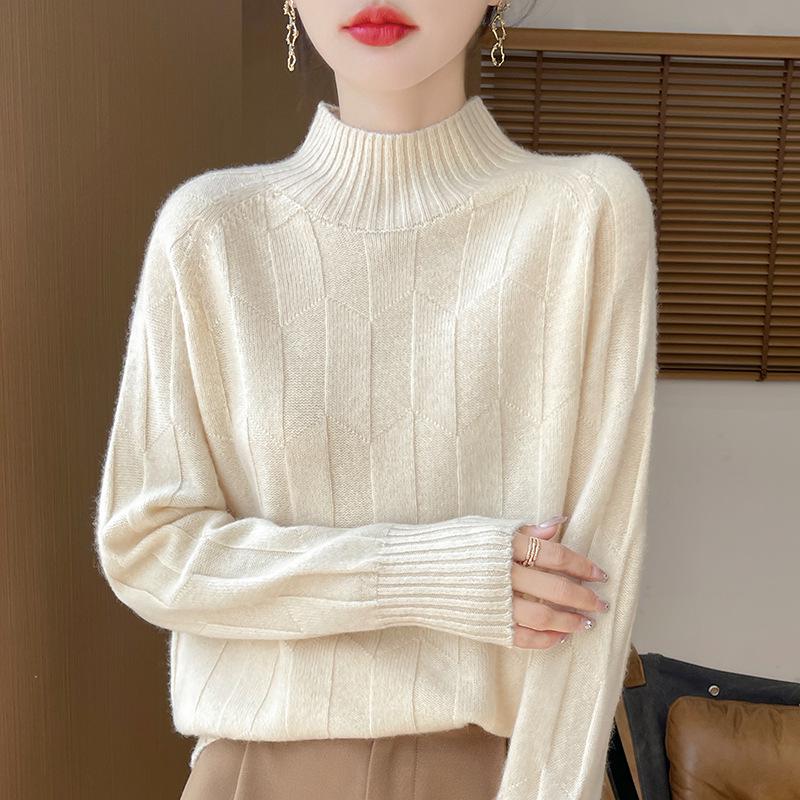 Thick Knit Half-High Collar Wool Sweater - Loose Fit Pullover