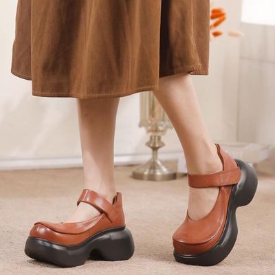 Thick Soled Pumps Retro Genuine Leather Round Toe Versatile Women's Platform Shoes