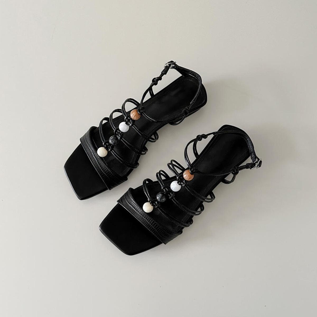 

Sheepskin version~ Square head retro vacation style beaded word with Roman sandals low heel open toe with skirt beach shoes 40