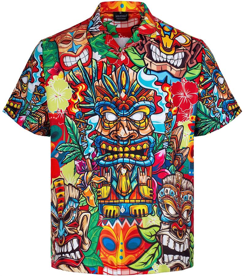 

Новинка, винтажная 3D гавайская рубашка с принтом тики, мужская ретро-рубашка больших размеров, повседневная пляжная блузка с коротким рукавом, мужская одежда 5XL