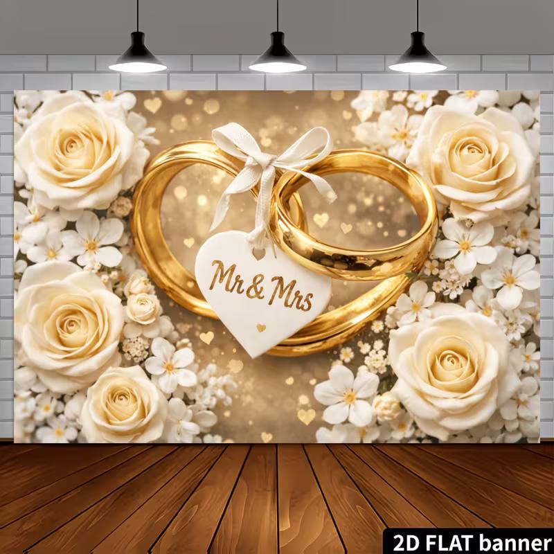 2D Golden Rings and White Roses Photo Booth Background