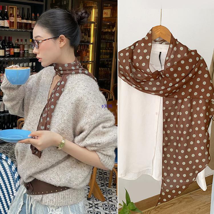 2025 New Women's Brown Polka Dot Silk Scarf: Long Versatile Neckerchief, Luxurious Light Headband, Ribbon Accessory