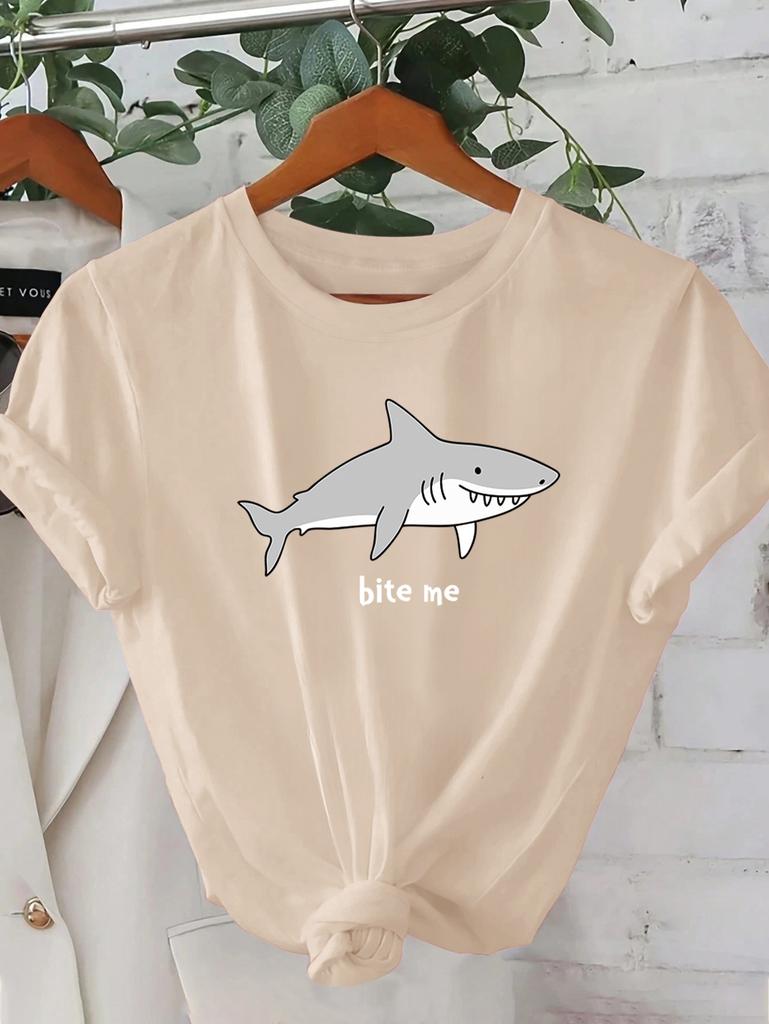 WoUnisex Pink Graphic TShirt Bite Me Shark Design Crew Neck Sleeve Perfect for Summer Outings Casual Attire Aesthetic Clothes