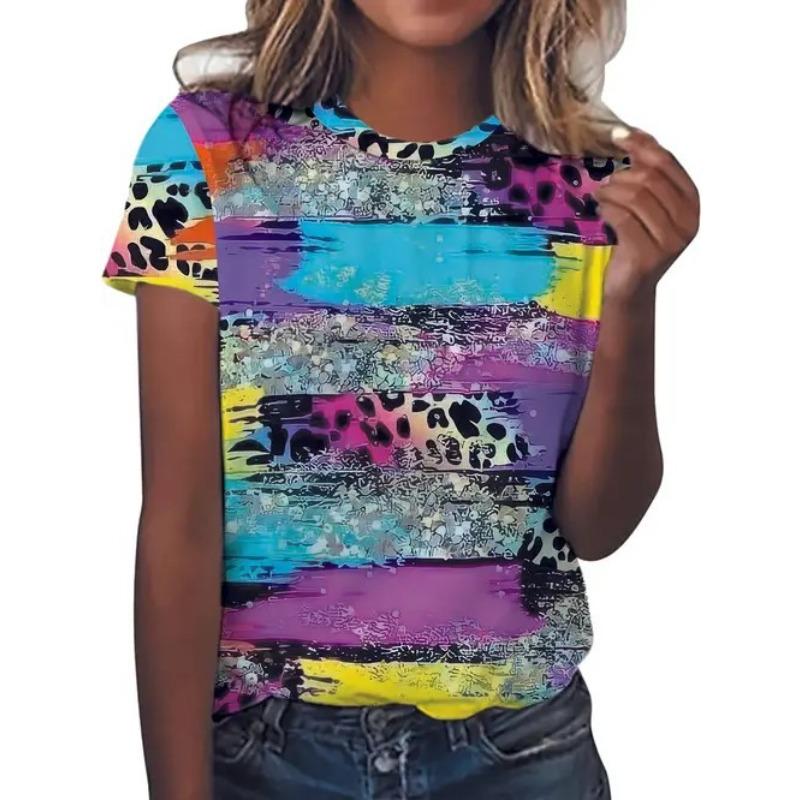 Sommar Rund Hals 3D Leopardmönster Topp Trendiga Casual Kortärmade Dam T-shirts
