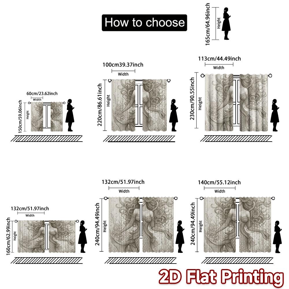 2D FLAT PRINTING 2pcs Curtains (Without Rod) Mermaid with Flowing Hair Light Filtering Popular Curtains Versatile 100% Polyester