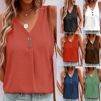 Women Fashion Tops Sleeveless V Neck Tank Button Summer Sleeveless Blouse Ladies Tees