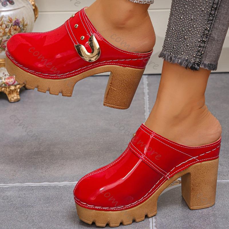 Damskor Chunky Högklackade Mules Tofflor Enfärgade Baotou Romerska Tofflor Plattform Slip-on Skor