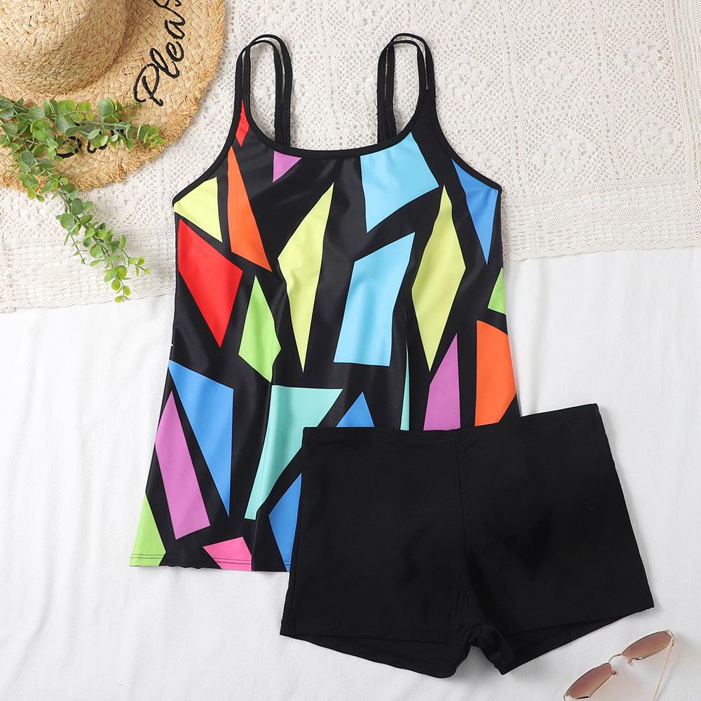 Plus Size Skirt Conservative Boxer Printing Multicolor Open Back Swimsuit