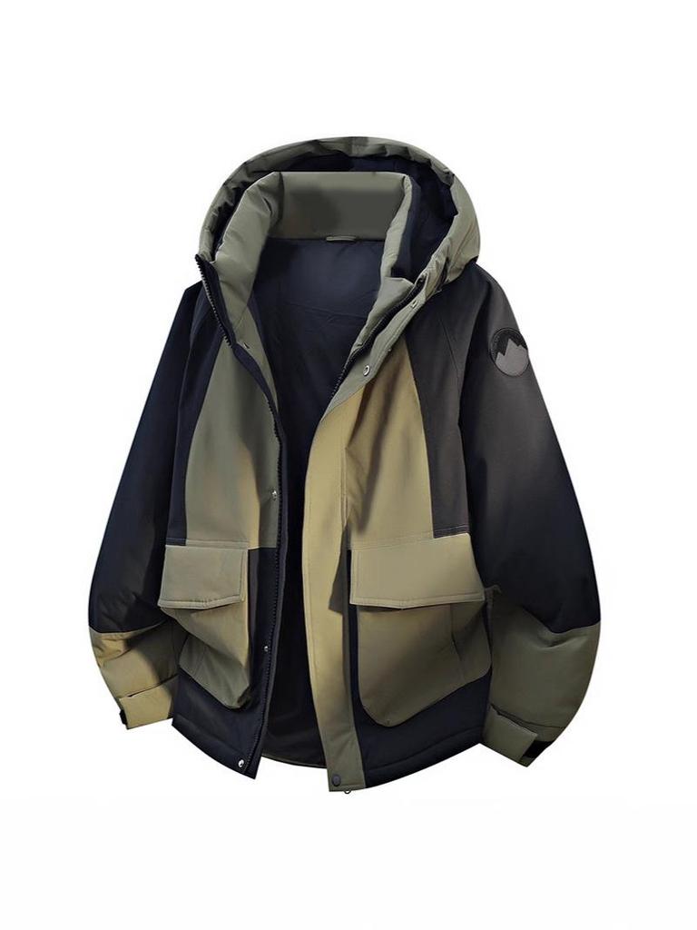 Trendy Hooded Patchwork Down Jacket for Couples: Autumn/Winter, Two-Way Zipper, 90% White Duck Down, Fashion Forward