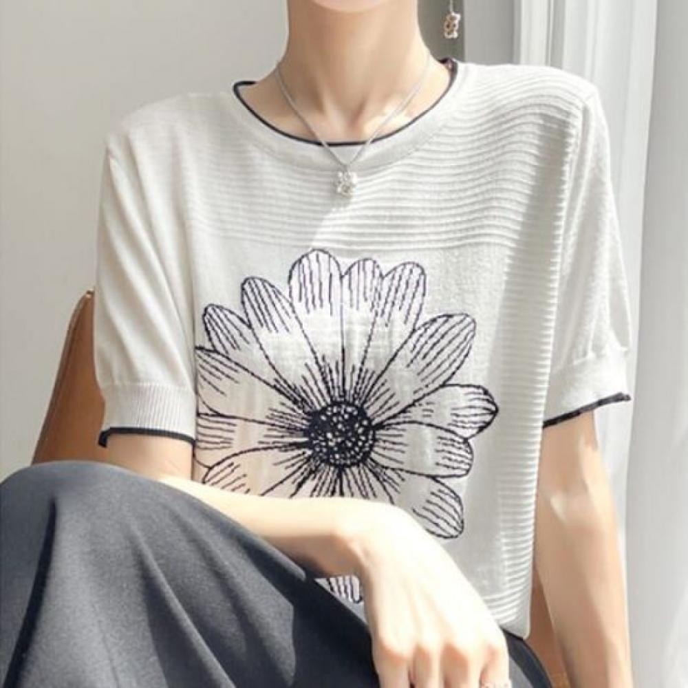 Navava Women Flower Color Block Short Sleeve Knit Tee Nk3035