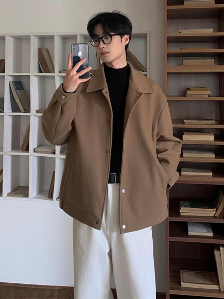 Men’s Gray Turn-Down Collar Wool Coat - Autumn Korean Style, Loose Fit