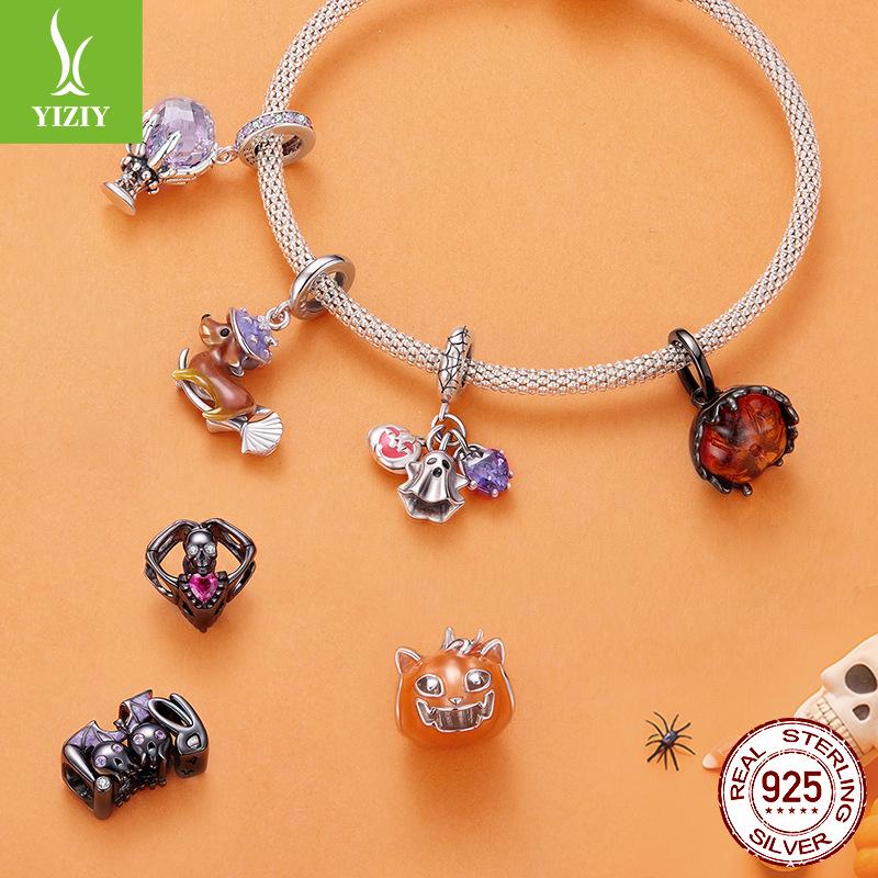 Halloween Pumpkin Skull Diy Beaded Accessories Personalized Dark Wind S925 Sterling Silver Pendant