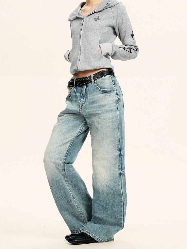 Yongfang Unisex Retro Washed Blue Distressed Wide-Leg Jeans