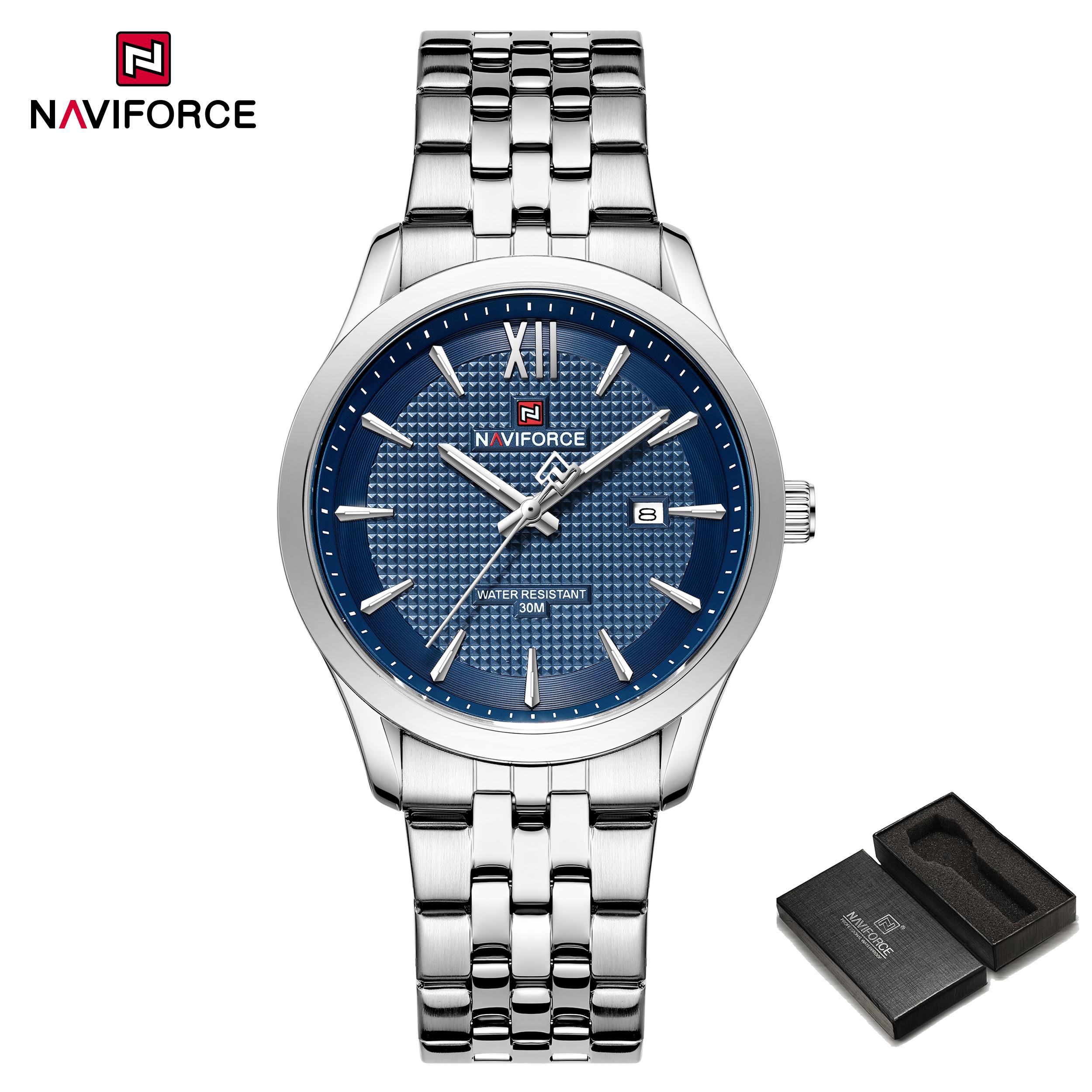 

NAVIFORCE Original Men Fashion Quartz Calendar Watch Luminous Hands Stainless Steel Strap Round Dial Waterproof Men Casual Watch NF9255 серебряный/синий