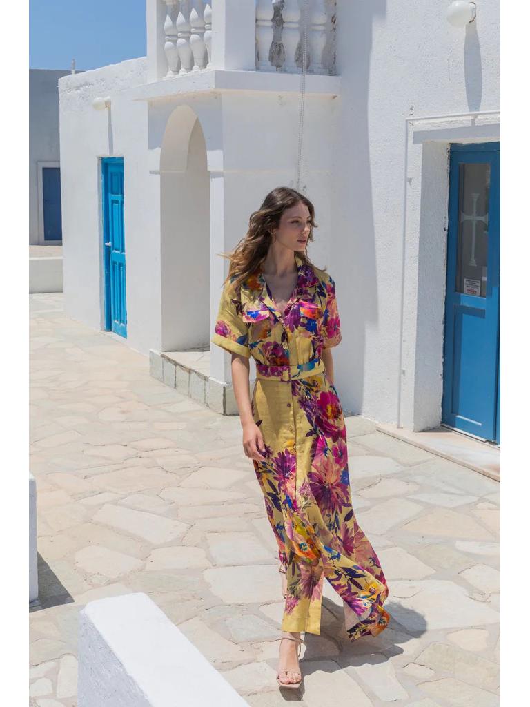 2025 Linen Printed Lapel Casual Fashion Dress L цветочный