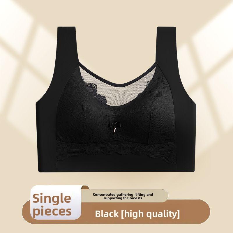 Plus Size Lace Bandeau Vest Bra, Wireless Fixed Cup Push Up Side Gathering Anti-Exposure Seamless Comfort Women Bra M чёрный