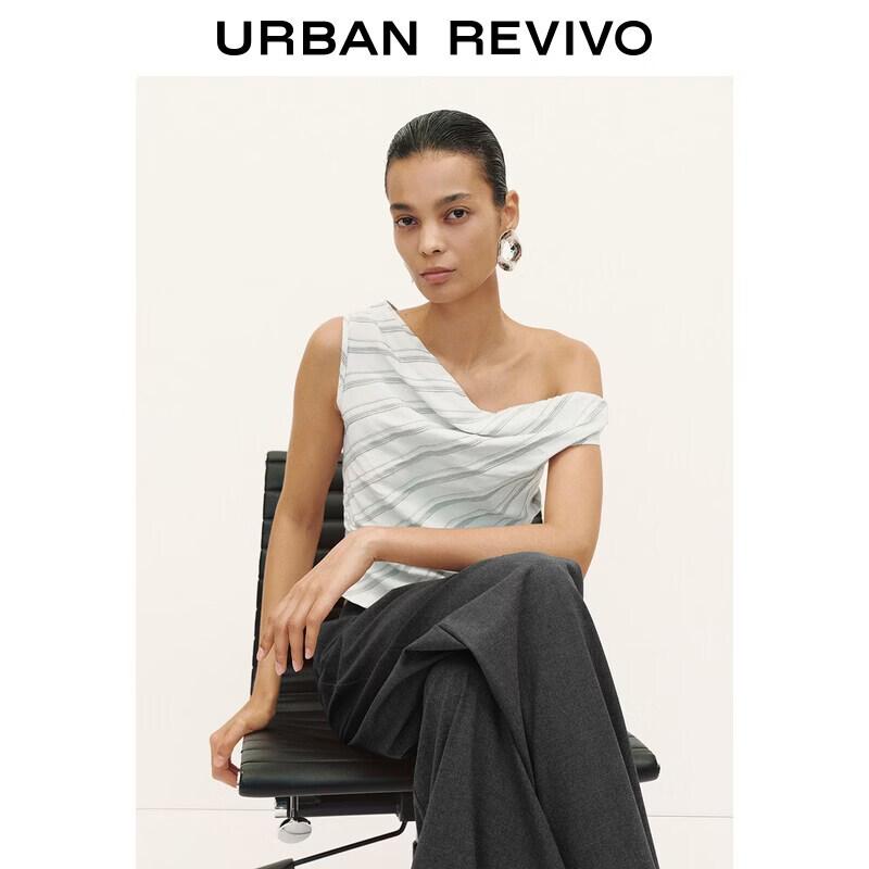 UR Women s Oblique Shoulder Striped Pleated Blouse L