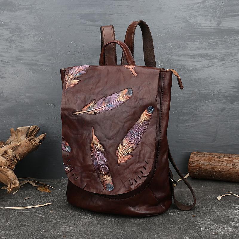 Artistic Embossed Genuine Leather Women's Backpack - Large Cowhide Travel Bag In National Style