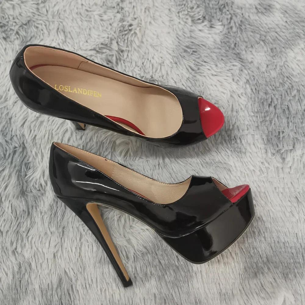 

LOSLANDIFEN Women Pumps Sexy Peep Toe Platform 14cm Super High Heels Patent Leather Shoes Red Wedding Stilettos Large Size 44 35