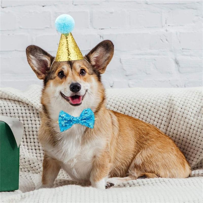 Birthday Pet Hat Dog Cats Headgear Birthday Costume Glittering Hat Studded Pompoms Dog Christmas Hat