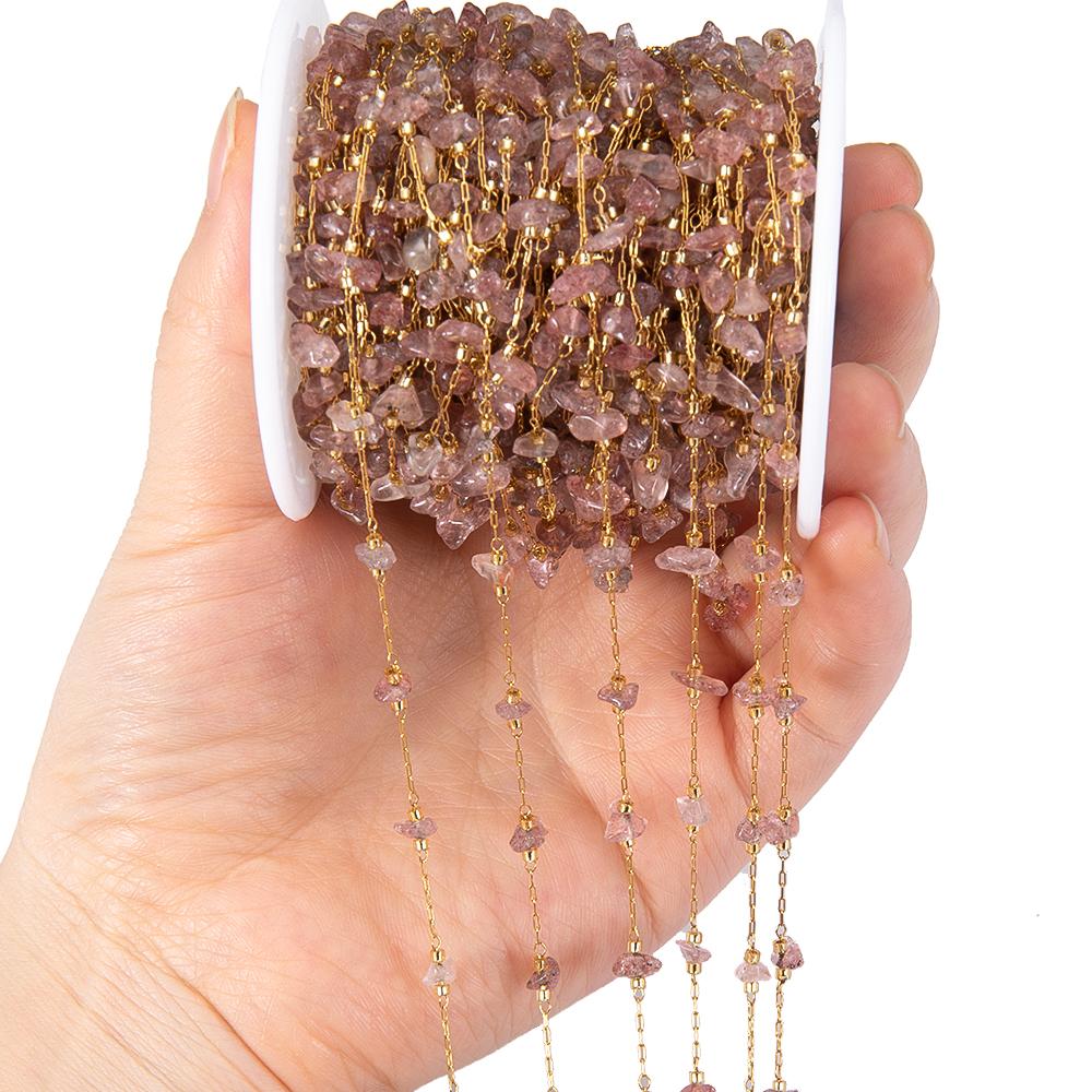 2Meters 1Meter Stainless Steel Pink Stone Chain Natural Irregular Stone Necklace Chain Earring Supplies for Jewelry Making DIY