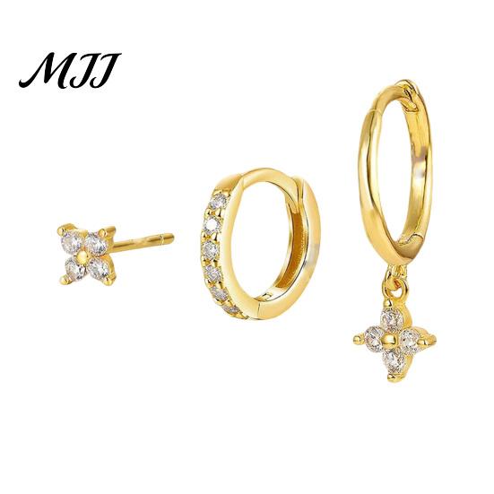 Versatile Earrings 3Pcs Four-Leaf Clover Set, Cubic Zirconia Studs Stackable Alloy Earrings, Ear Stud Clip Leverback Earring Jewelry Set золотистый