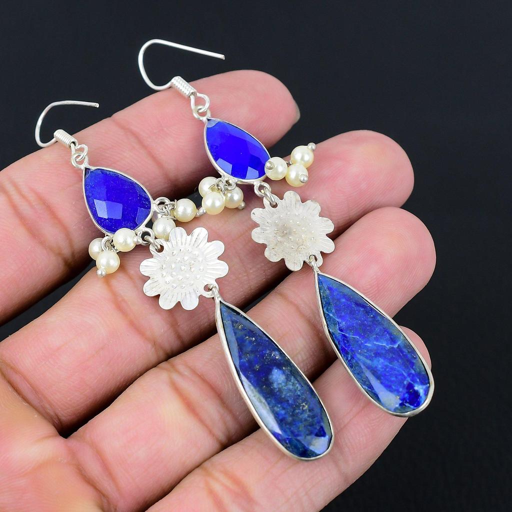 Daughters Day Sale Sterling Silver Pear Lapis Lazuli Stone Drop Dangle Earrings