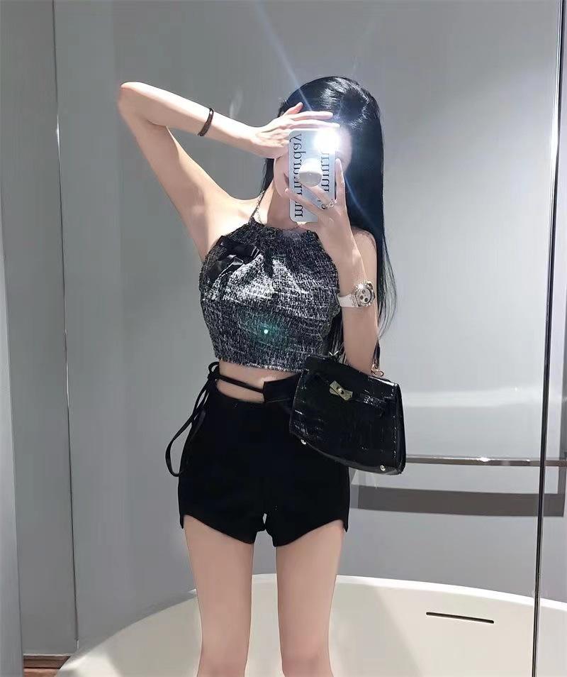 Spicy Girl High-Waist Lace-Up Black Shorts - Women's Summer Casual Slim Straight-Leg Hot Pants