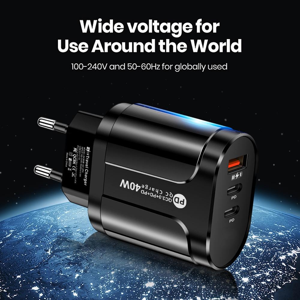 Dual-Port LED Travel Charger with 2.4A USB & 2 PD Type-C for EU/US Devices