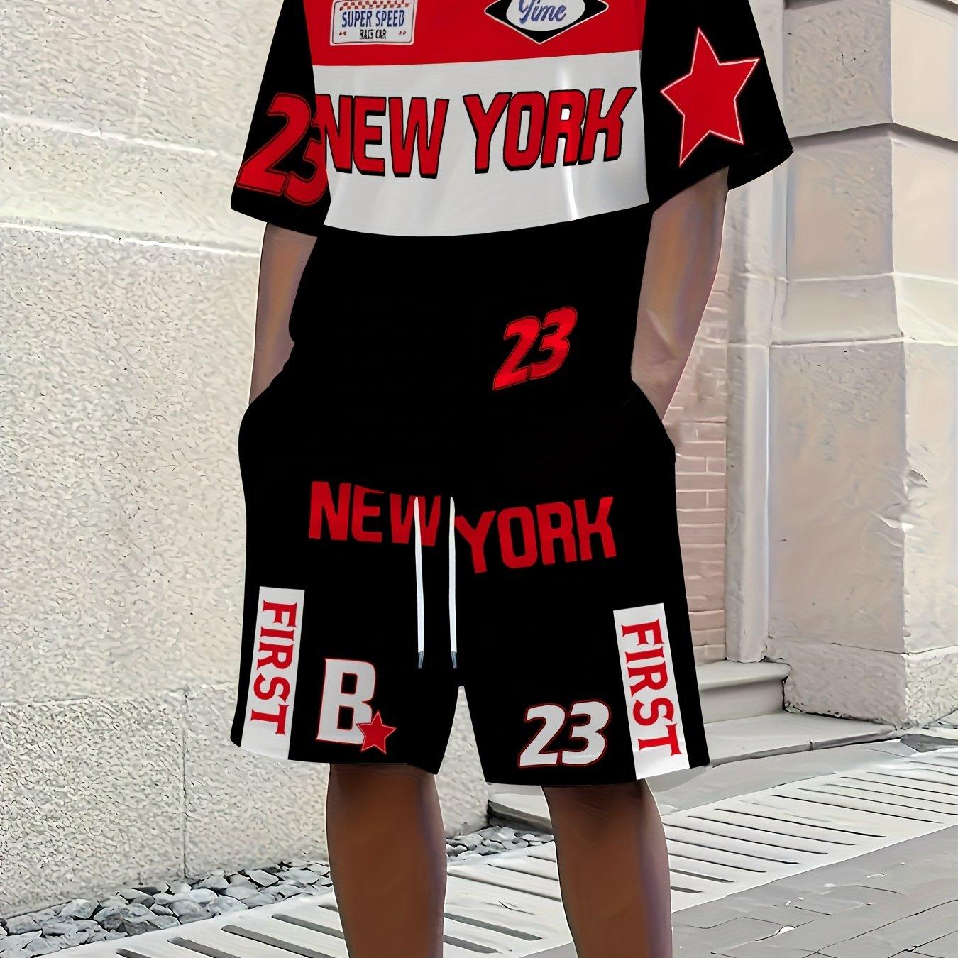 2026 New Summer Men s New York letters Print T-Shirt And Shorts Set Loose Simple Fashion Sportswear Casual Two Piece Outfit For Adult Men S чёрный