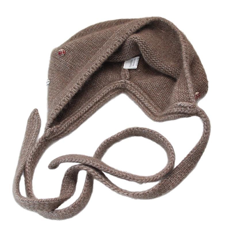 Autumn and winter Angola rabbit fur ear protection knitted hat women's color button decorative lace-up wool hat outdoor cold hat tide