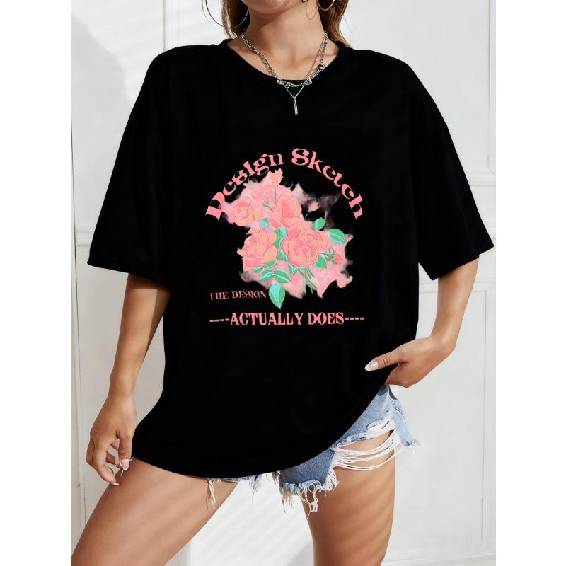 

Oversized T-Shirt White Floral Design Sketch The Design Actually Does Graphic Print Casual Wear For Women Summer Outfits Streetwear Fashion Trendy Top S