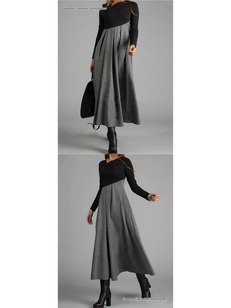 Color Block V-Neck Woolen Dress with Long Sleeves and Patchwork Hem for Autumn and Winter