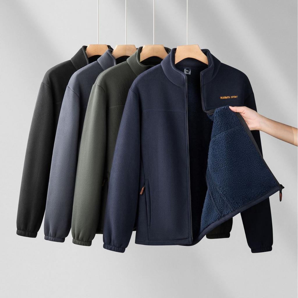 Fuzzy Sherpa Jacket for Men Casual Full Zip Stand Collar Fall Winter Warm Outwear Polar Fleece Jackets Men's Outdoor Hiking Soft Coat With Pockets