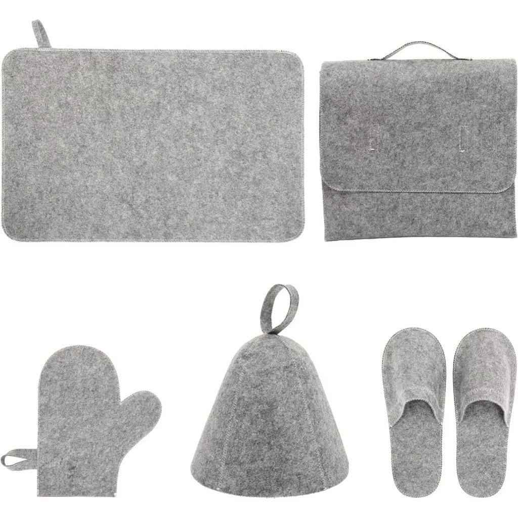 5-Piece Sauna Accessory Set Wool Felt Gloves Slippers Seat Cushion & Hat with Storage Bag for Hair Drying & Cleaning