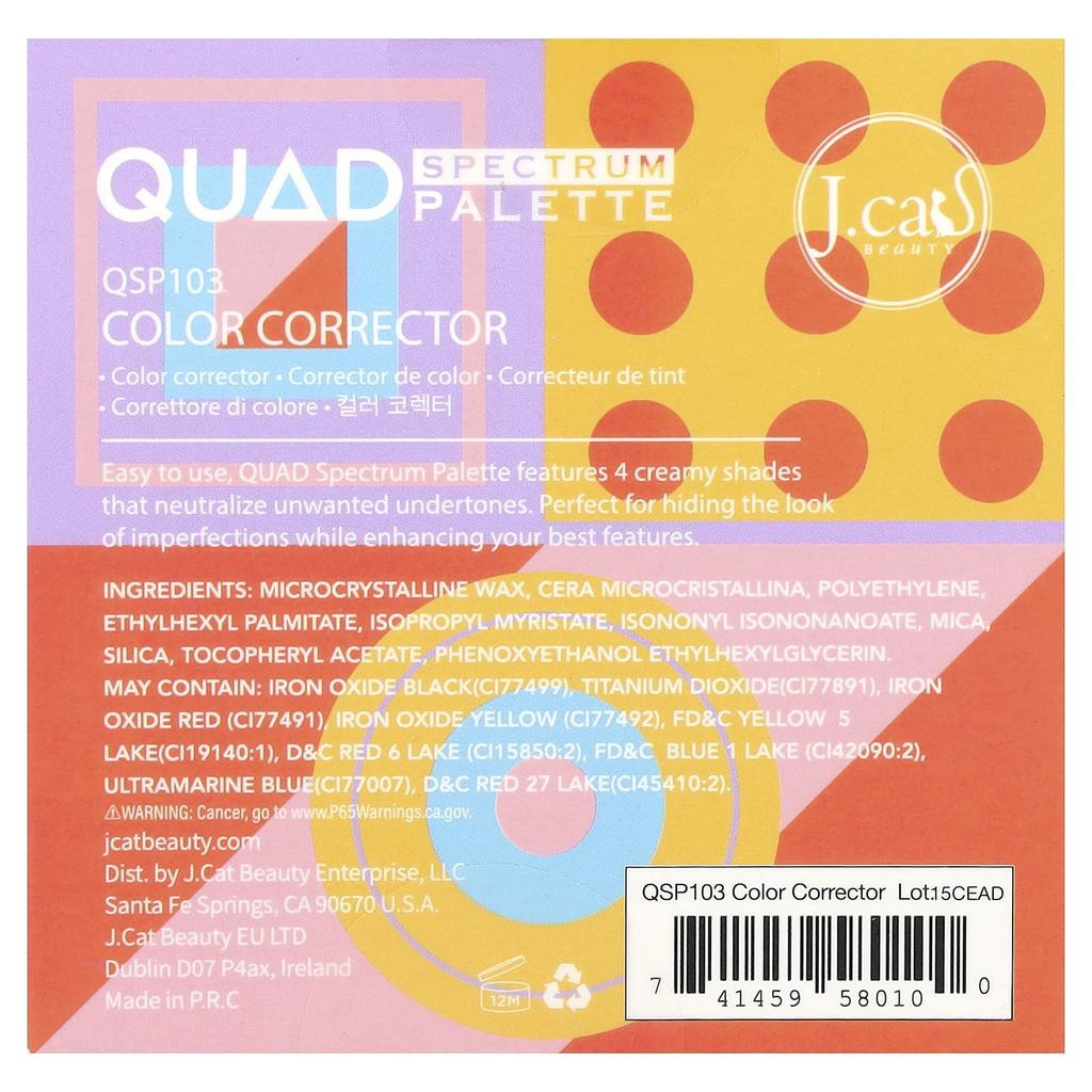 J.Cat Beauty, Quad Spectrum Face Palette Color Corrector, QSP103, 6g (0.21oz)