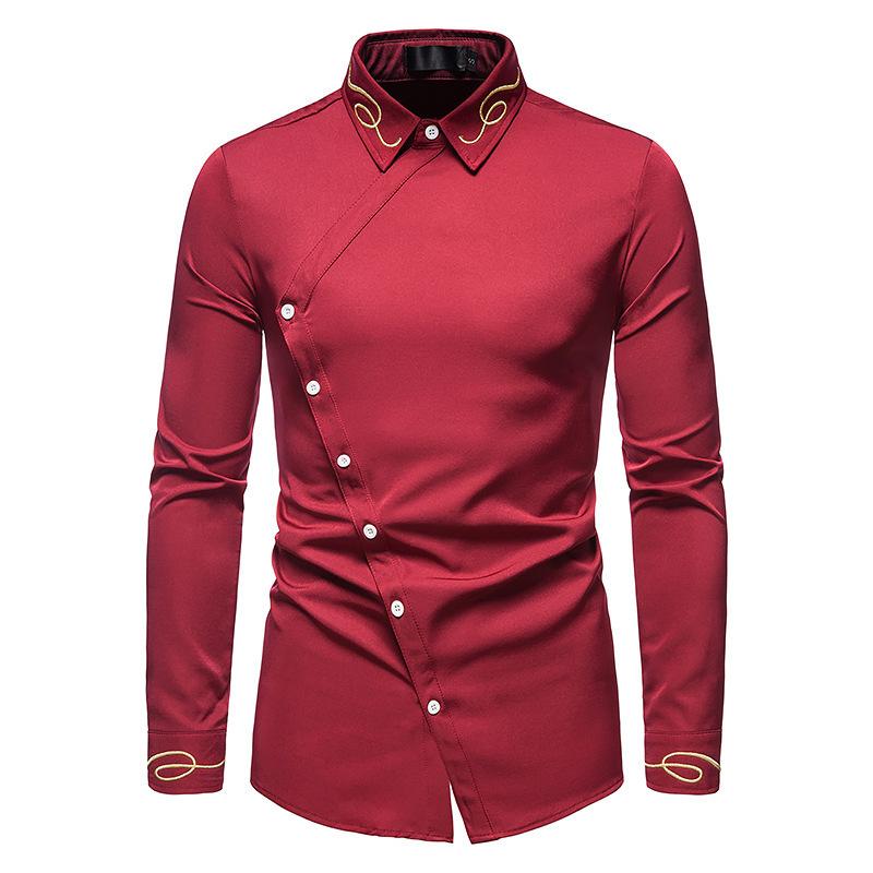 Men S Slim Fit Long Sleeve Asymmetric Embroidered Shirt European Size Spring Autumn