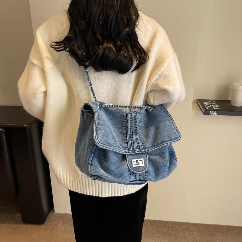 Retro Casual Denim Bag Women's 2025 Summer New Large-capacity Tote Bag Chain High-end Shoulder Messenger Bag