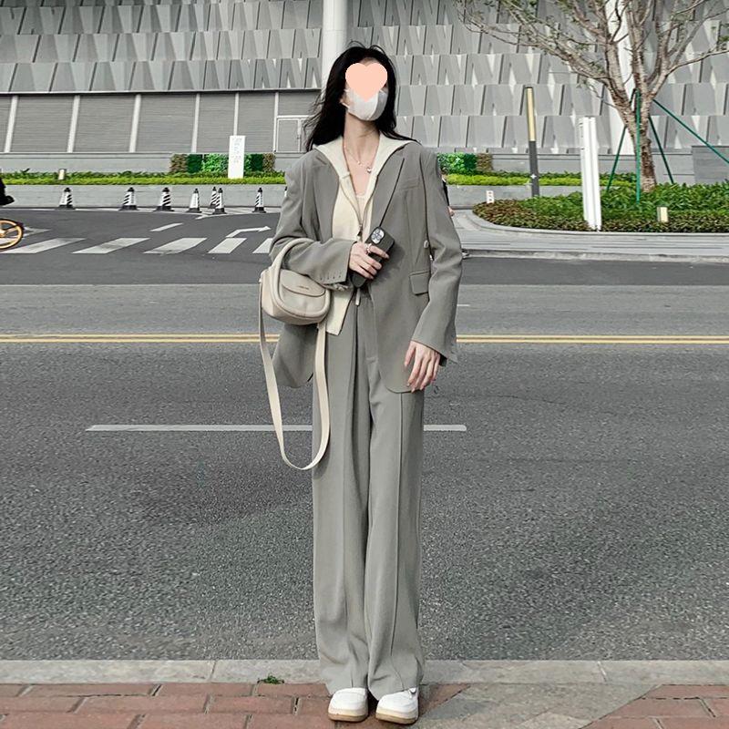 Petite Women's Gray Blazer Jacket Two-Piece Set - 2025 Spring & Autumn Loose Casual Suit