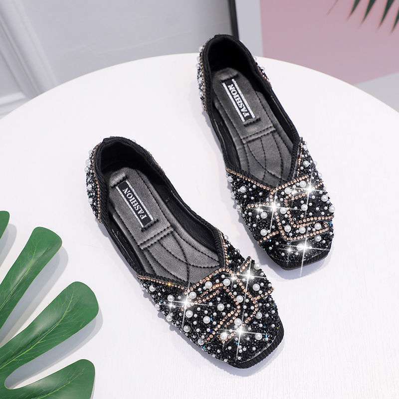 Shoes Women's 2025 New Korean Version Shallow Mouth One-pedal Single Shoes Women's Pearl Rhinestone Women's Shoes Single Shoes Evening Shoes Soft Sole