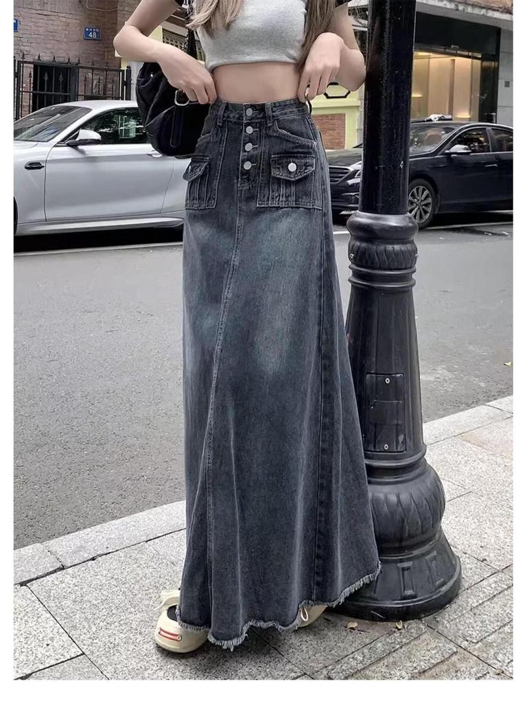 Vintage Korean Style High-Waist Denim Midi Skirt for Women - Early Spring/Summer A-Line Bodycon